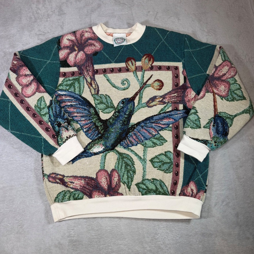 Sugar Street Weavers Hummingbird Tapestry Sweater Vintage Floral Cotton OS USA